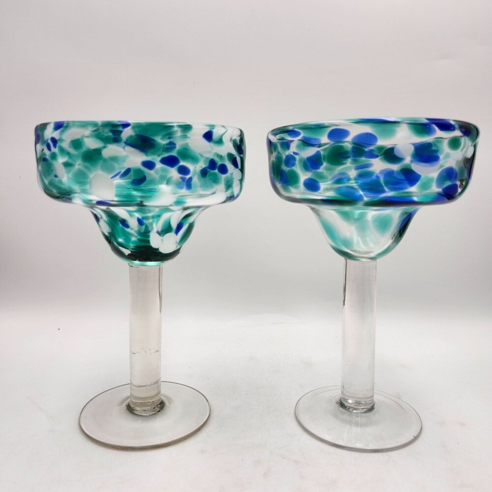 Mexican Margarita Glasses Confetti Blue Green Swirl Handcrafted Set Of 2